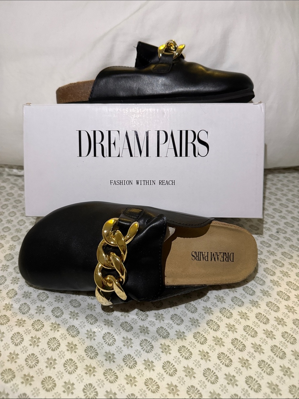 Dream Pairs Black Slip-On Mule with Gold Chain Accent